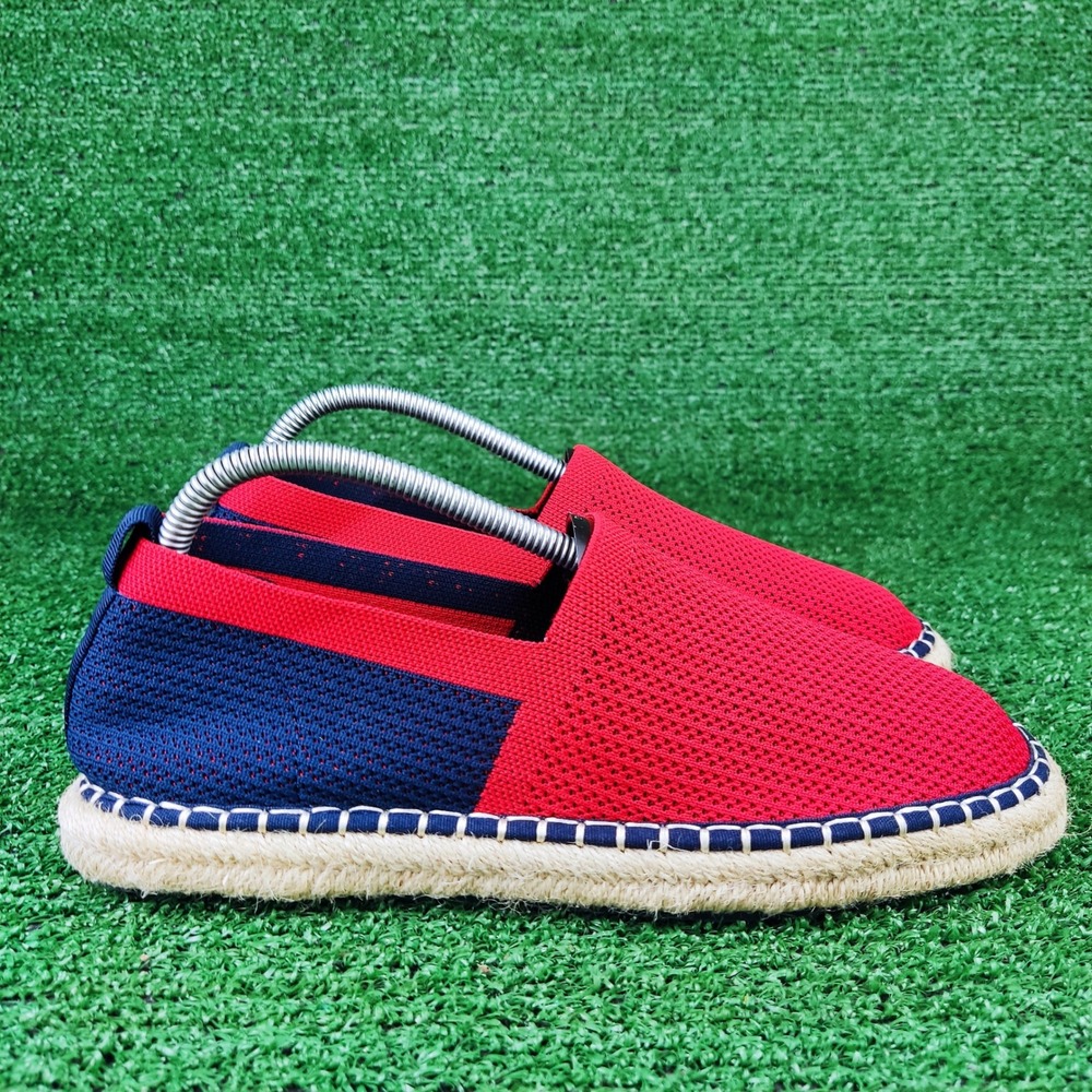 Zara Espadrilles Women Size 40 Red Navy Blue Knit Slip On Colorblock‎ Jute Flats